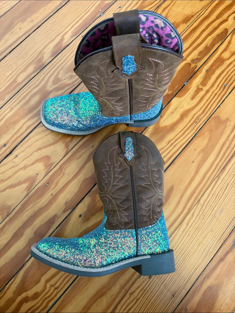 Kids Brown Leather & Teal Glitter Western Boots